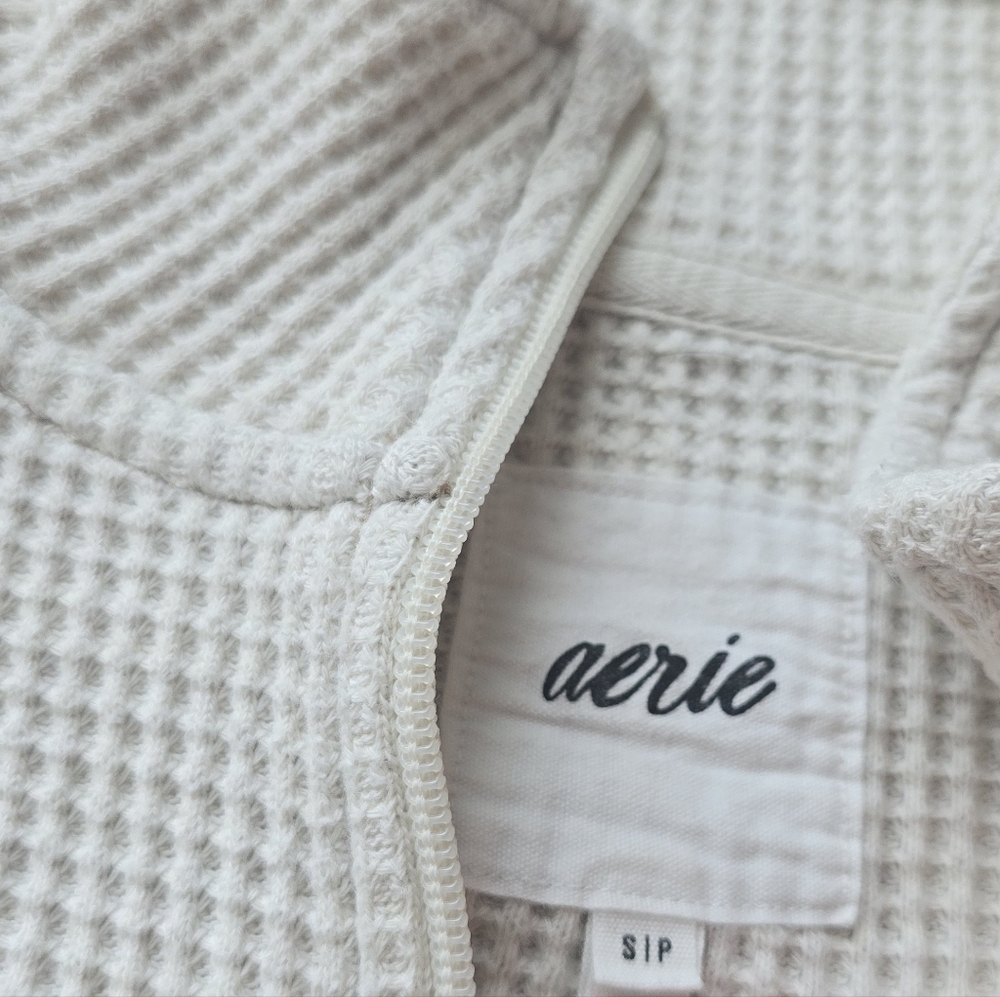 Aerie Waffle Quarter Zip Sweatshirt In Off White - Picture 7 of 8